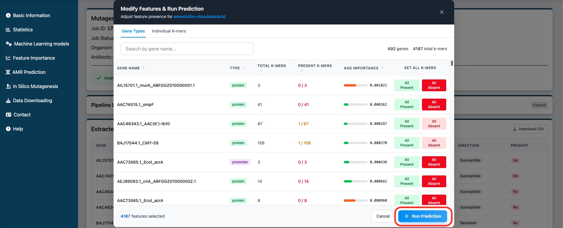 Modal to modify features and run predictions