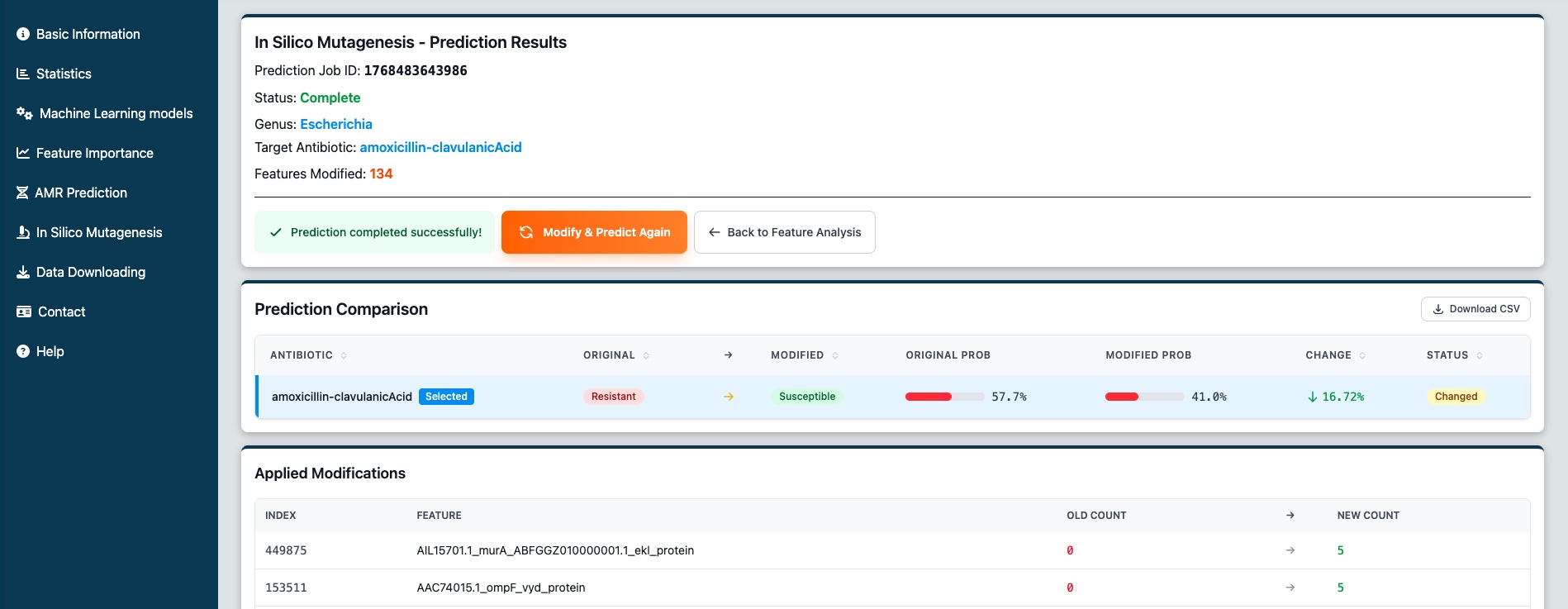 The new mutagenesis results page showing the comparison table